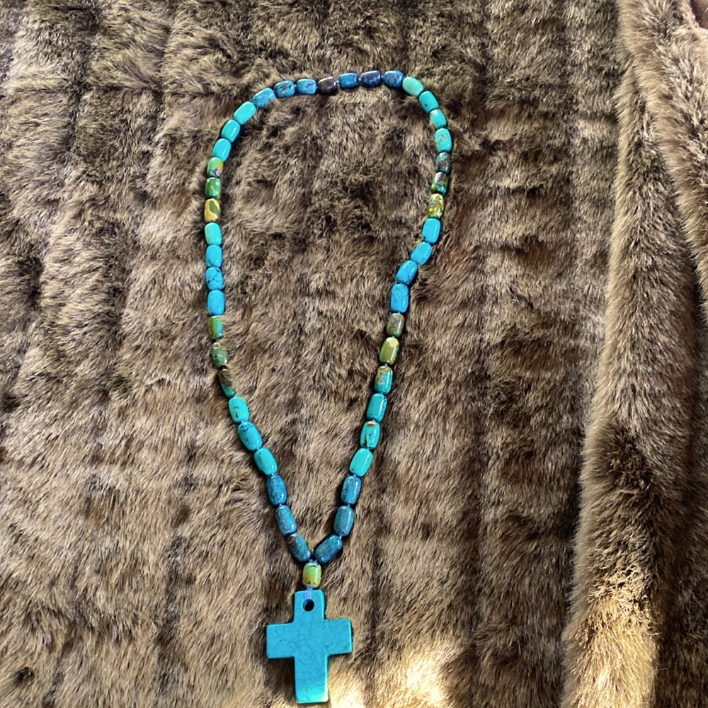 Turquoise stone cross necklace. 18” long